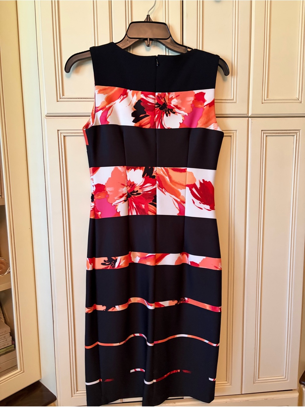 Joseph Ribkoff Black Midi Dress with Pink & Coral Floral Stripes